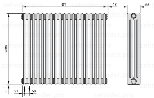 Схема (чертеж) Радиатор Zehnder Charleston 4200/19 №3370 Белый глянцевый RAL 9016